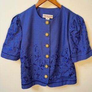 Vintage Chelsea Ltd Petite Blue Embroidered Floral Jacket Top Size 8 Made USA